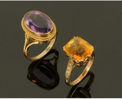 Two 9 ct gold dress rings, set with amethyst and citrine coloured stones, size L. 