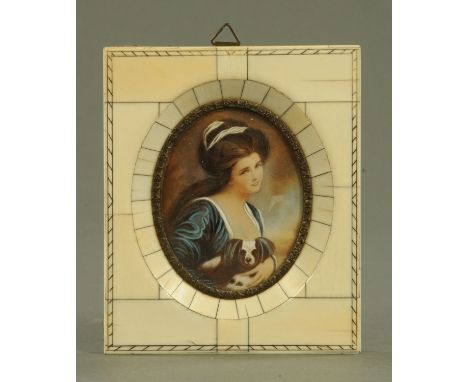 An early 20th century portrait miniature of a lady with a lapdog, all within a piano ivory frame.  Overall 13.5 cm x 11.5 cm.