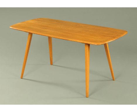 An Ercol light elm dining table, mid 20th century, the well figured rectangular top with rounded ends and supported upon squa
