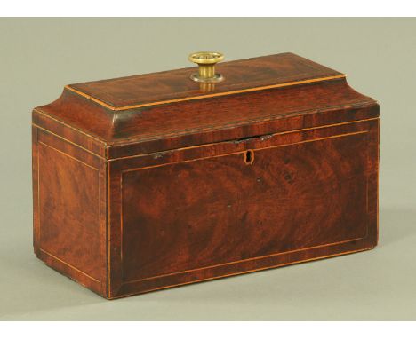 A George III mahogany tea caddy, boxwood and ebony strung.  Width 26 cm.
