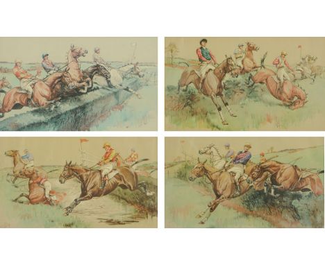 After M Dorothy Hardy, four coloured horse racing prints.  29 cm x 48 cm. 