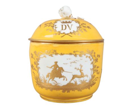 A MENNECY PORCELAIN 'DUC DE VILLEROY' SUGAR BOX AND COVER circa 1750, richly gilded with stag hunting scenes, with hounds, ph