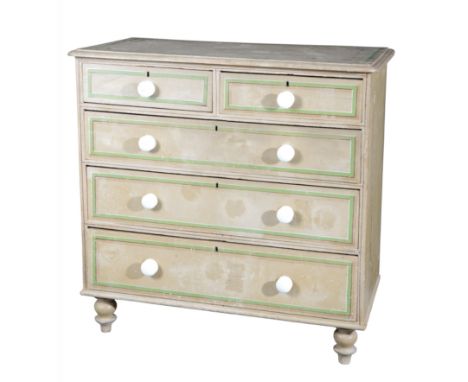 A PAINTED PINE CHEST OF DRAWERS 19th century, the rectangular moulded top with a green-painted border over two short and thre