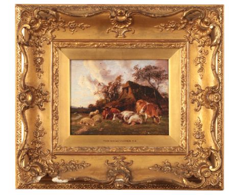 THOMAS SIDNEY COOPER (1803-1902) A study of cattle, sheep, and a thatched cottage signed verso, title to the frame, oil on pa