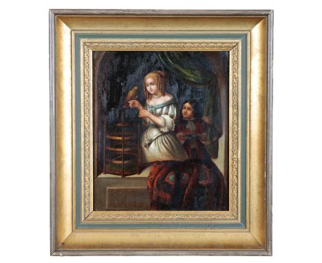 FLEMISH SCHOOL, 18TH CENTURY STYLE A young girl and parrotwith serving lady behind, unsigned, oil on metal panel, 23.5cm x 20