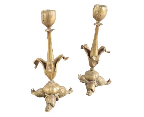 A PAIR OF ART NOUVEAU GILT METAL CANDLESTICKS early 20th century, modelled as flowers on a tripod base with snail feet, 24cm 