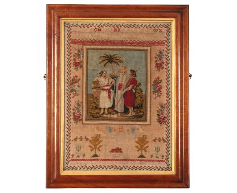A VICTORIAN SAMPLER BY ANNE DAVIESaged fourteen years, dated 1867, depicting a biblical scene from Genesis, 63cm x 45cm