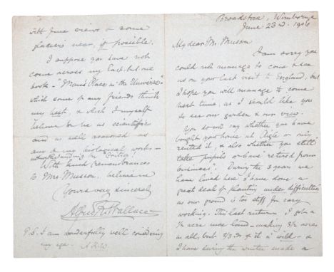 ALFRED RUSSEL WALLACE: AN AUTOGRAPH LETTER SIGNED addressed to 'My dear Mr. Musson', inviting his Swiss friend to visit his g