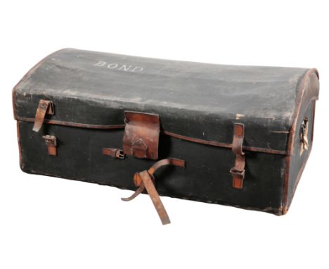 A VINTAGE LEATHER COACHING TRUNK the hinged lid inscribed 'Bond', with swing carrying handles to each end, 49cm high x 114cm 