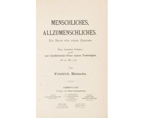 Friedrich Nietzsche    Menschliches, Allzumenschliches. Ein Buch für freie Geister. 2 Teile in 1 Band. Chemnitz, E. Schmeitzn