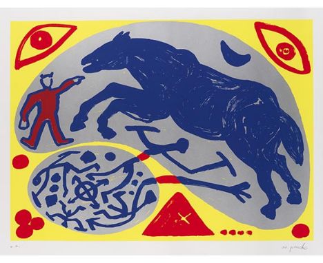 A. R. Penck    Das blaue Pferd und der Mongole. Orig.-Farbserigraphie, signiert und bezeichnet 'e.a.'. 1996. Auf Vélin. 80 : 