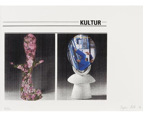 Sigmar Polke    Kulturschablone. Orig.-Farbserigraphie in Schwarz, mit 2 Ausstanzungen, jeweils mit Zeitschriftenanzeigen hin