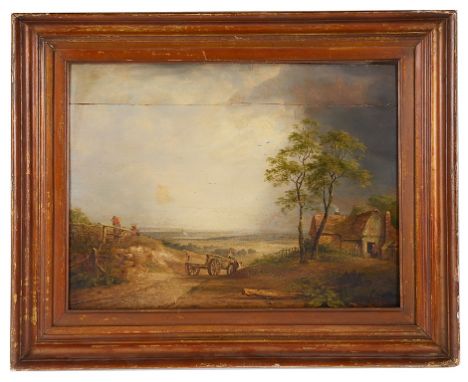 Circle of John Constable, R.A. (1776-1837):A haycart travelling along a track between harvesters & a cottage, an extensive la