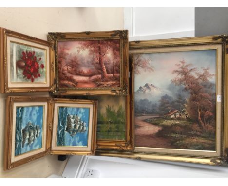 Six oils on canvas depicting landscape, seascape and still life subjects