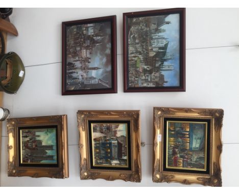 R J Mitchell (British, 20th century): Three oils of Victorian street scenes, each appox. 25 x 20 cm; together with two prints