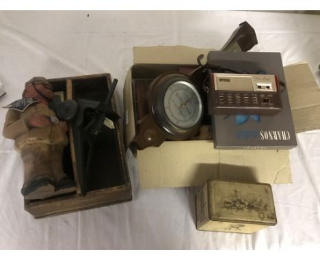 A box of odds to inc a barometer, cutlery tray, Sylvac etc