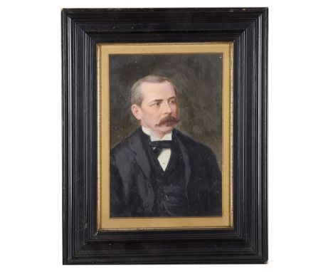 English School (19th century): Portrait of a moustachioed gentleman in a black jacket, oil on board, H 25 x W 16 cm