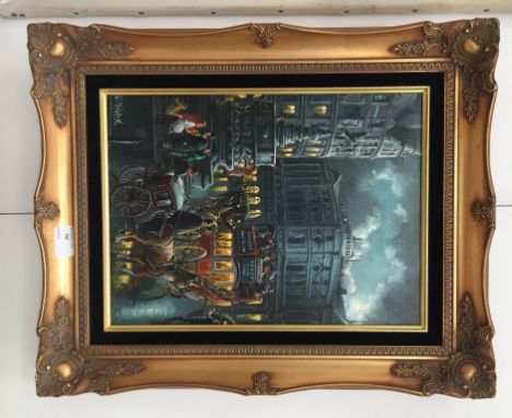 R J Mitchell (British, 20th century): A Victorian street scene at night with carriages, oil on canvas, signed, 39 x 29 cm