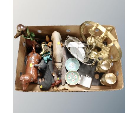 A box containing four piece brass nautical theme companion set on circular stand, wire metal wine bottle holder, plated goble