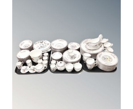 Three trays of Wedgwood Kutani Crane bone china dinner, tea and coffee service 