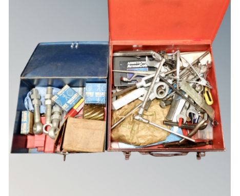 Two metal tool boxes containing milling and cutting tools, wrenches, ring spanners etc 