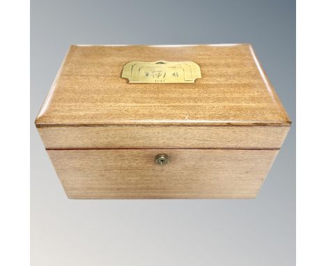 An early Victorian mahogany fitted tea caddy with brass plate dated 1843