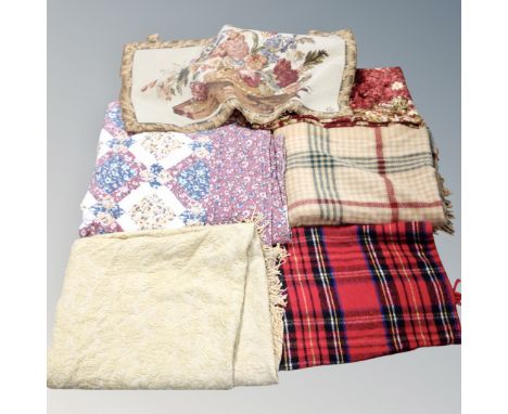 Two boxes of woolen blankets, bed quilts, tapestry hanging etc 