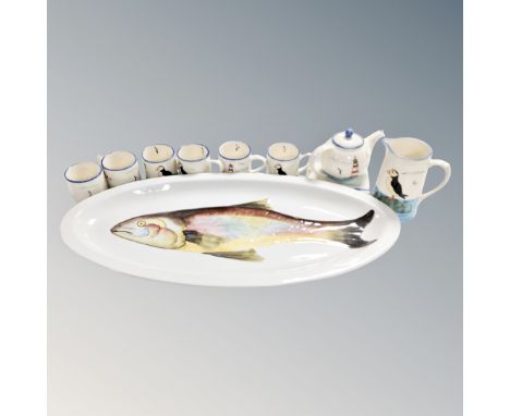 A large oval ceramic fish plate together with nine pieces of National Trust hand painted tea ware 