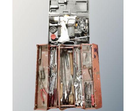 A metal Roebuck concertina tool box containing hand tools, spanners, power G electric impact drill in case 