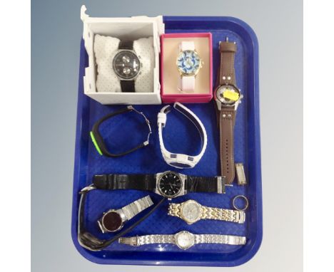 A tray of lady's and gent's watches, Juicy Couture, Kenneth Cole, Hohner miniature harmonica and gent's gilt wedding band 