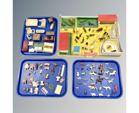 A mid 20th century ply model zoo, together with a quantity of farm and zoo animals in lead and plastic, small Mimic clock-wor