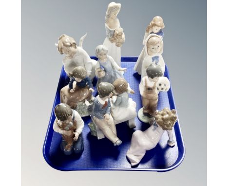 A tray of ten assorted Spanish figures, Lladro and Nao examples (as found)