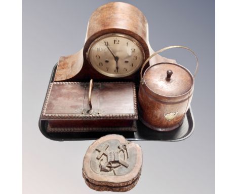 A tray of wooden pieces, lidded biscuit barrel, nautical theme box, wooden caddy, mantel clock 