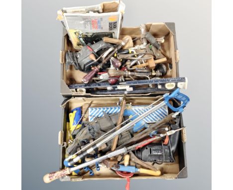 Two boxes of electrical tools, vintage hand tools, mitre saw etc 