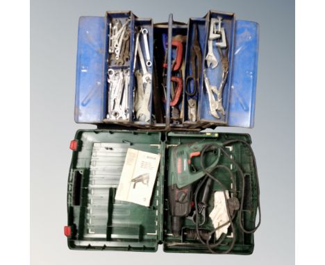 A metal concertina tool box containing hand tools, Bosch PBH 2900 FRE electric hammer drill in case 