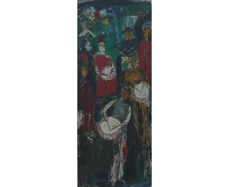 "Red Coat Band", oil on canvas, signed indistinctly, 31 X 76 cm