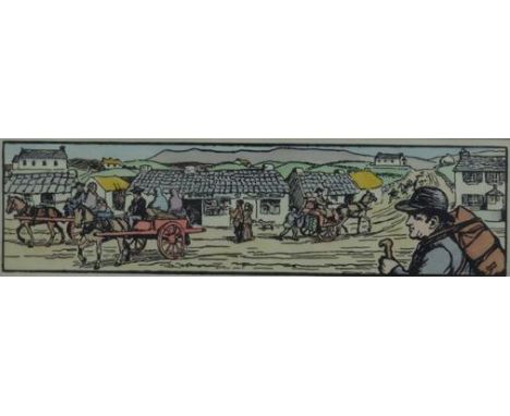 "Village Scene", hand coloured print, signed, 9 X 34 cm