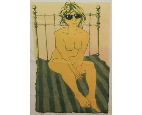"Brass Bed", screen print, 74/80, signed and dated in pencil, framed, 47 X 31 cm