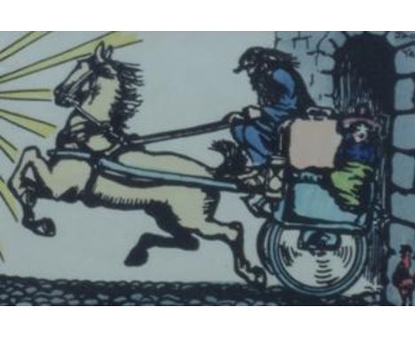"Horse and Carriage", hand coloured print, signed, 10cm X 15cm