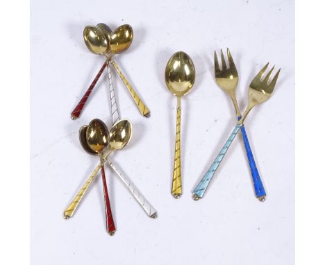 EGON LAURIDSEN - a group of Danish vermeil sterling silver and harlequin enamel flatware, comprising 6 coffee spoons, 2 pastr