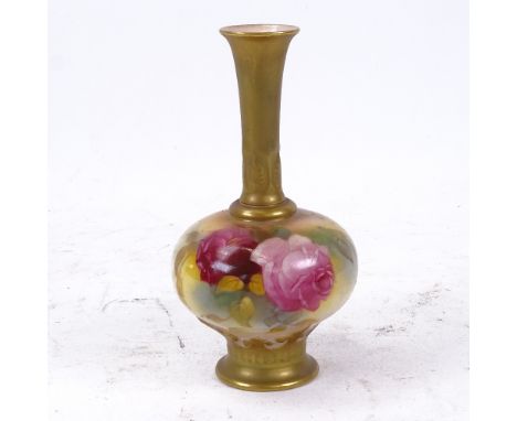 Royal Worcester narrow-necked vase, hand painted and gilded rose decoration, height 14cm 