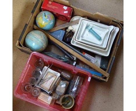 A collection of medical related items, including laboratory equipment, chemist's jars, ceramic developing dishes, drawing ins