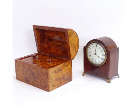 A modern birdseye maple dome-top tea caddy, and a mahogany dome-top mantel clock, working order, caddy length 20cm (2) 