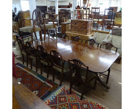 An Antique crossbanded mahogany 3-pedestal D-end dining table, L212cm, together with 2 spare leaves, total length 322cm, toge