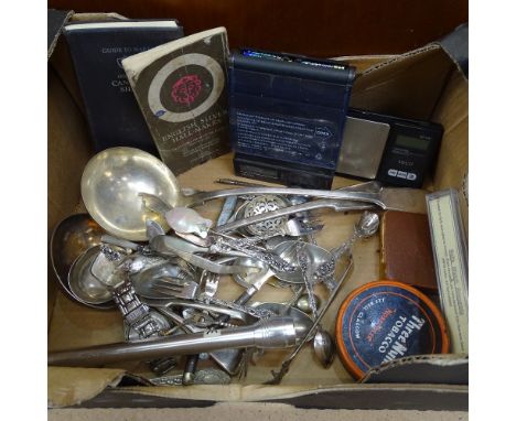 Plated cutlery, ladle, jewellery scales etc 