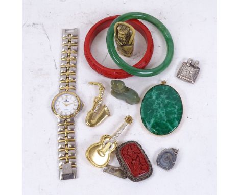 Various Oriental and other collectables, including jadeite bangle, cinnabar bangle, Hugo Buchser quartz wristwatch etc 