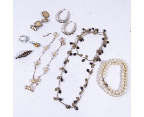 A pearl necklace with 9ct gold clasp, 9ct earrings, silver jewellery etc 