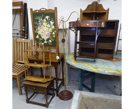 A collection of hanging oak bookcases, a pine corner cabinet, a sewing box, a firescreen, a brass lamp etc (9) 