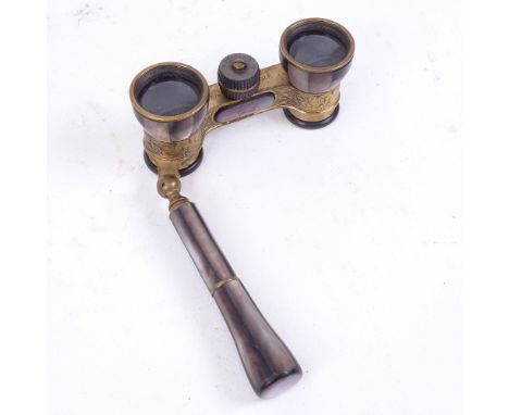 A pair of early 20th century German Emil Busch brass and black mother-of-pearl folding opera glasses 