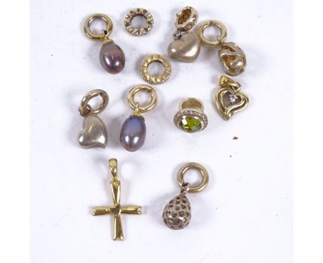 Various silver-gilt pendants and charms, including pearl and stone set examples, 30.7g total (11) 